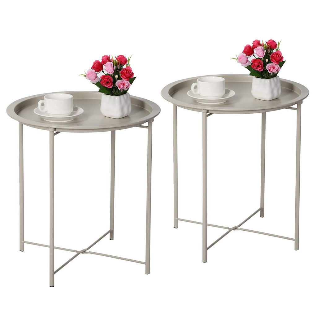 Vecelo Side/End Table, Folding Round Metal Anti-Rust And Waterproof Outdoor Or Indoor Tray For Living Room Bedroom Balcony And Office, 2 Pcs, Grey
