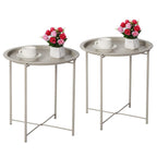Vecelo Side/End Table, Folding Round Metal Anti-Rust And Waterproof Outdoor Or Indoor Tray For Living Room Bedroom Balcony And Office, 2 Pcs, Grey
