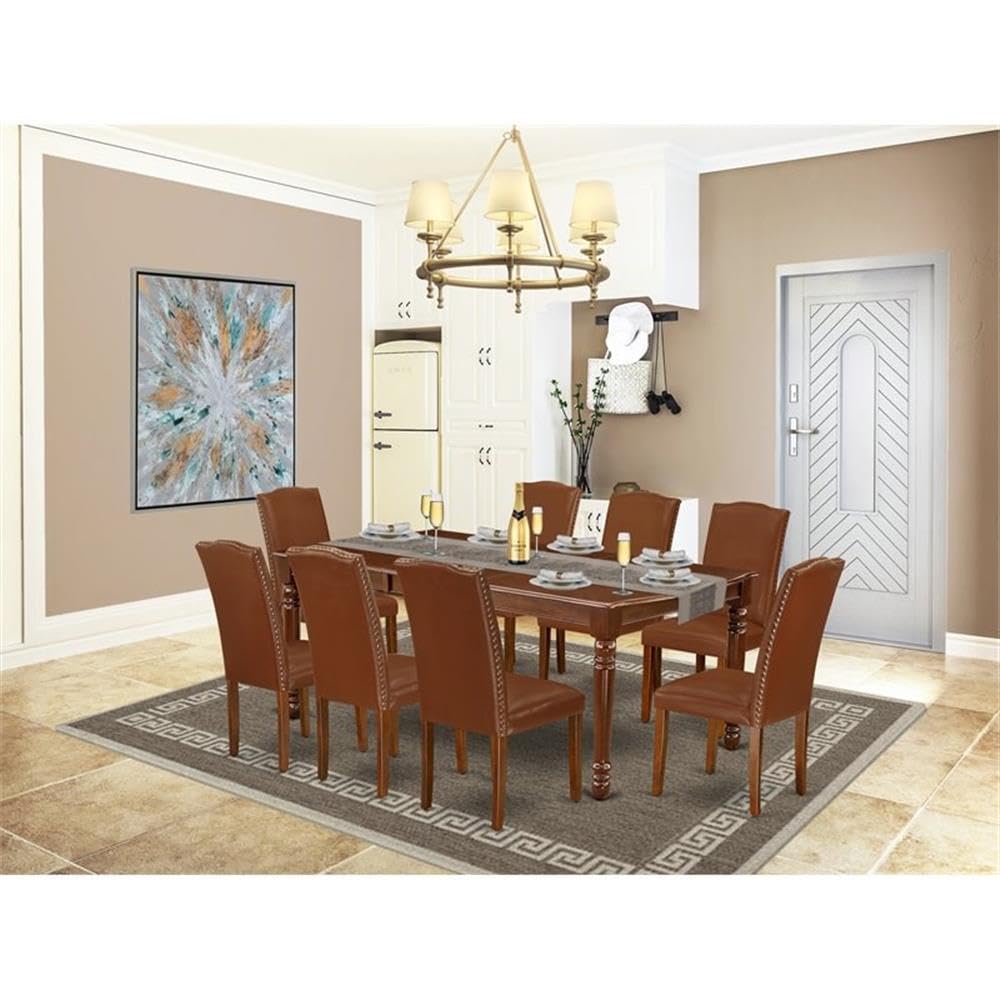 East West Furniture Doen9-Mah-66 9 Piece Kitchen Table Set Includes A Rectangle Dining Table With Butterfly Leaf And 8 Brown Faux Faux Leather Parson Chairs, 42X78 Inch, Mahogany
