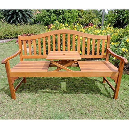 International Caravan Royal Fiji Acacia 59-Inch Camel Back 63-Inch 3-Seater Bench With Pop-Up Table Stain