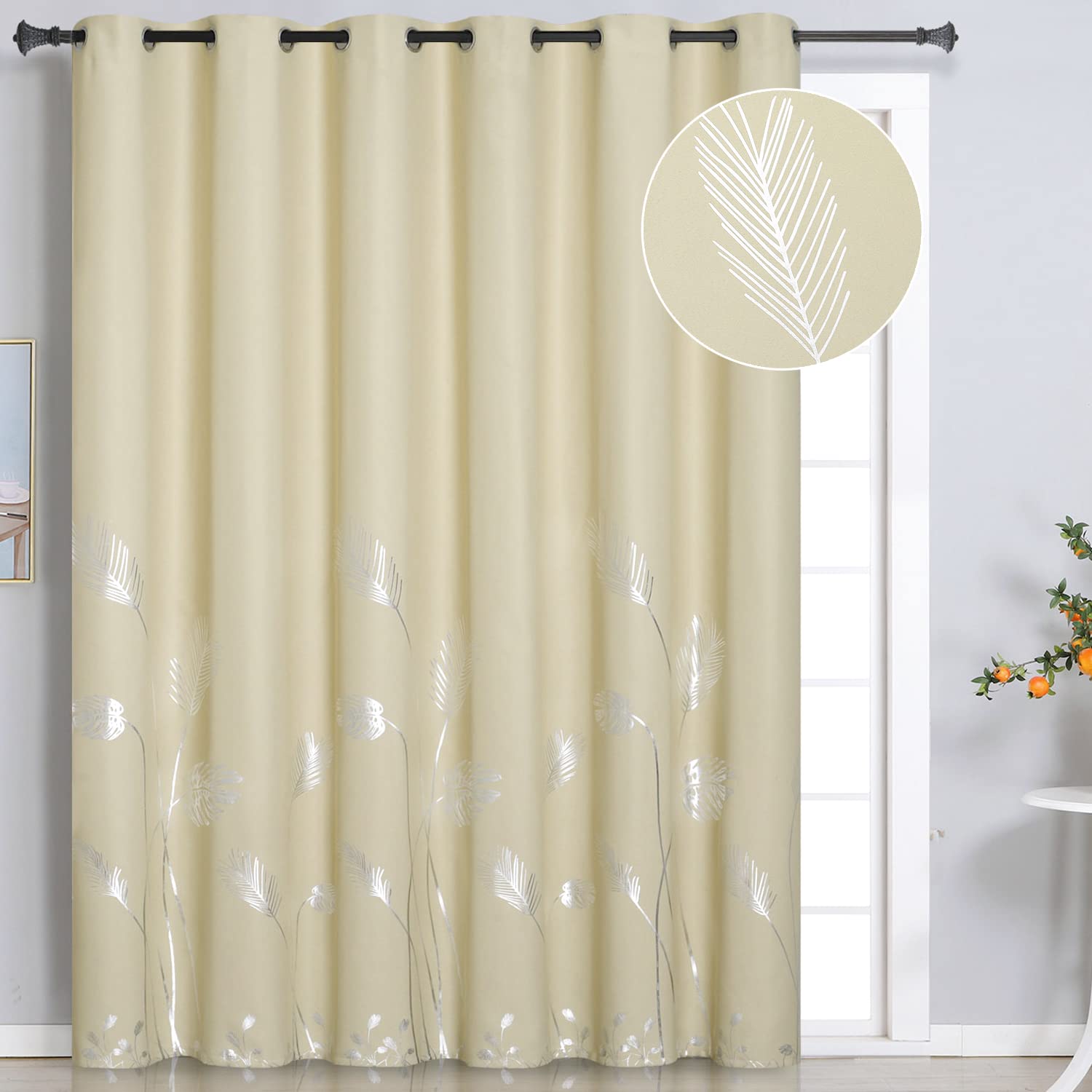 Estelar Textiler Beige Room Darkening Curtain For Sliding Door 80W X 84L Inch Long Extra Wide Window Curtain Silver Palm Printed