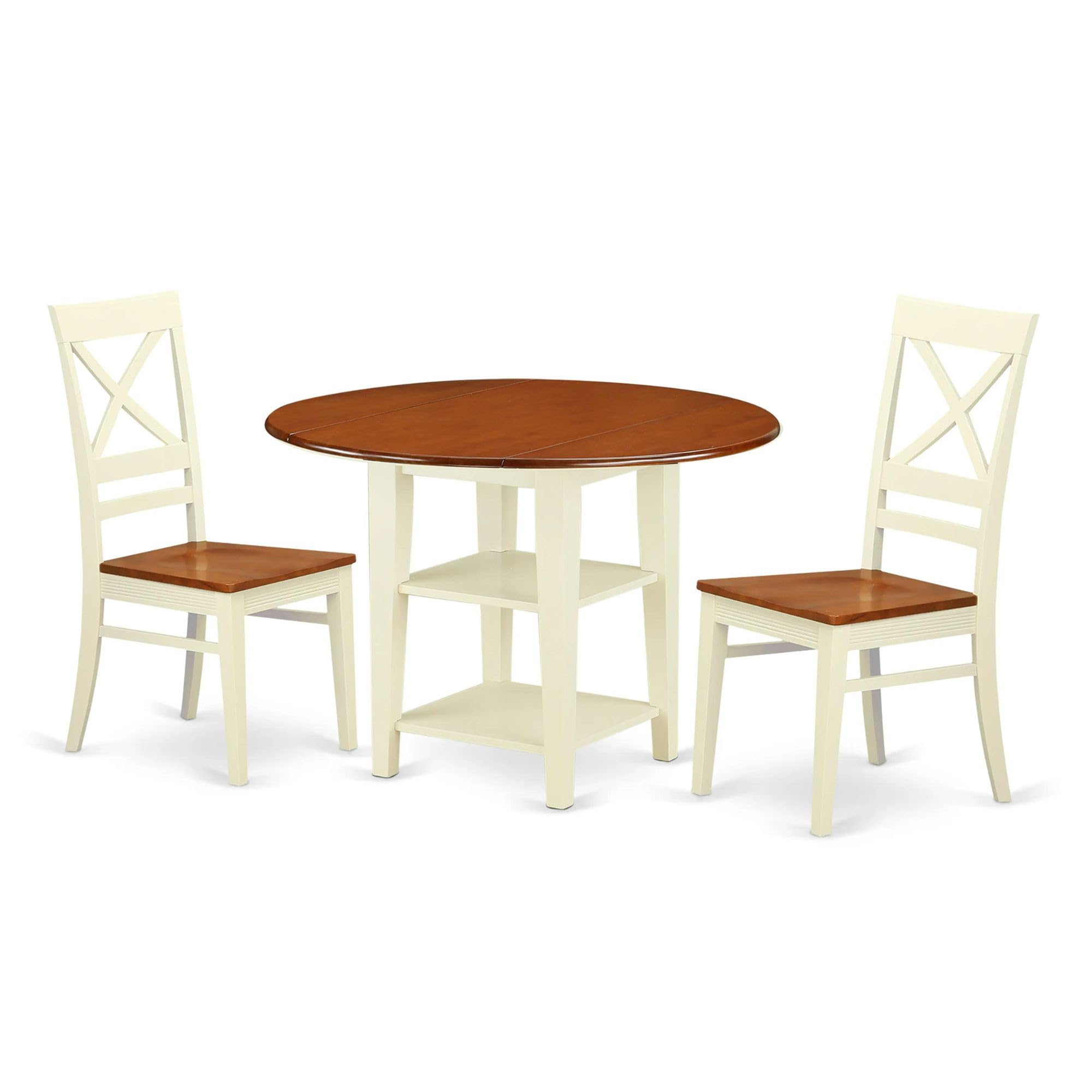 East West Furniture SUQU3H-BMK-W 3 Piece Kitchen Counter Set for Small Spaces Contains a Round Room Table with Dropleaf & Shelves and 2 Dining Chairs, 42x42 Inch