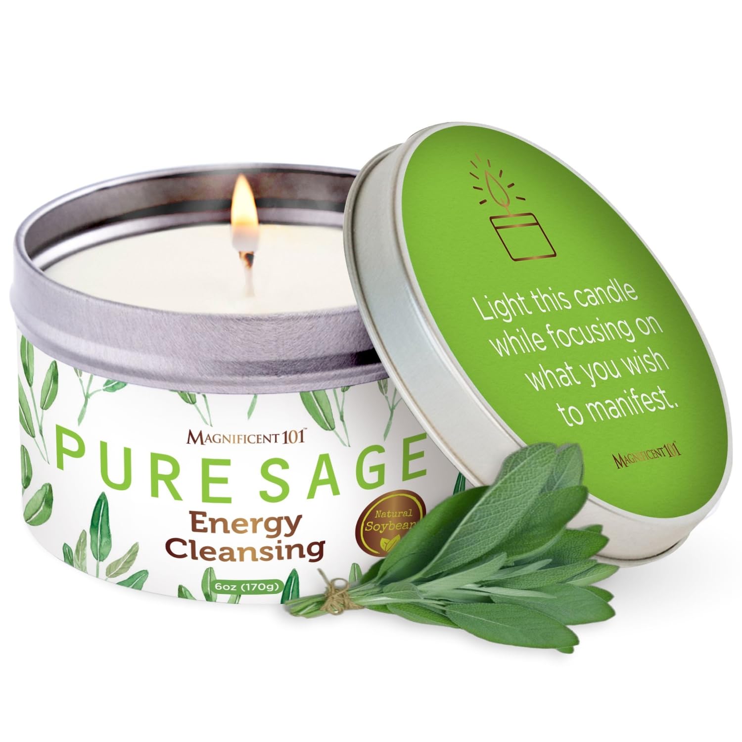 Magnificent 101 Long Lasting Pure White Sage Candle - 6 Oz - 35 Hour Burn Time - Organic, All Natural, Soy Candle to Cleanse You