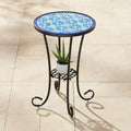 Teal Island Designs Blue Star Modern Black Metal Round Outdoor Accent Side Table 14' Wide With Lower Shelf Mosaic Tabletop Gracefully Curved Legs For Porch Patio Home House Balcony Spaces Deck