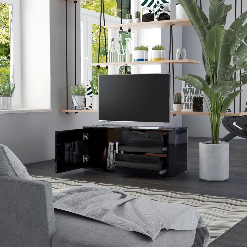 vidaXL TV Stand, TV Stand for Living Room, Sideboard with Drawer, TV Console Media Unit Cupboard, Scandinavian, High Gloss Black Engineered Wood