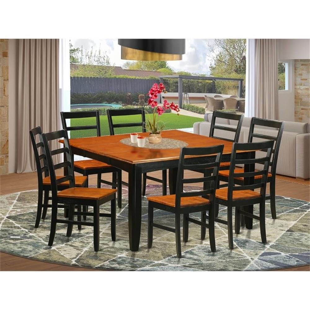 East West Furniture Parf9-Bch-W 9 Piece Modern Dining Table Set Includes A Square Wooden Table With Butterfly Leaf And 8 Dining Room Chairs, 54X54 Inch, Black & Cherry
