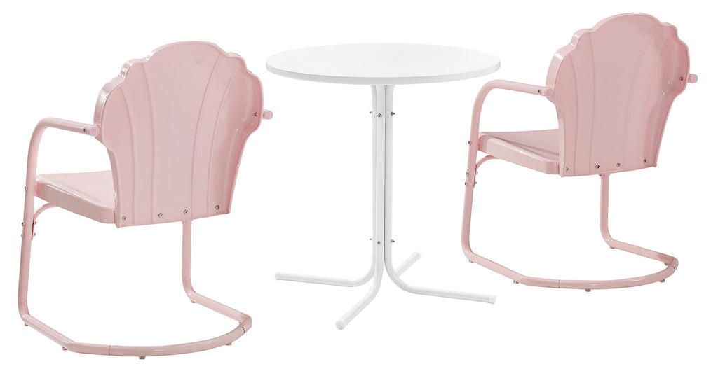 Crosley Furniture Tulip 3-Piece Outdoor Bistro Set, Retro Metal Patio Table and Chairs for Dining, Porch, Pastel Pink Gloss