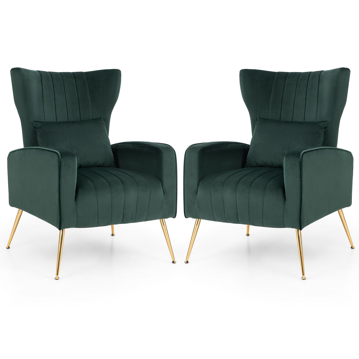 Giantex Velvet Accent Chair Set Of 2, Upholstered Tufted Wingback Arm Chair W/Lumbar Pillow, Golden Metal Legs, Mid Century Modern Single Sofa Chair For Living Room Bedroom, Max Load 400 Lbs, Green