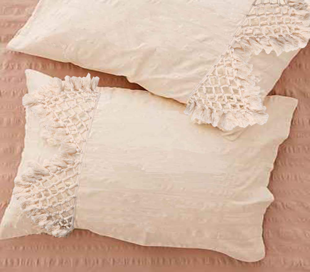 Tufted Tassel Sham Set Lattice Cotton Pillow Covers,19.7In X35.5In,Set Of 2