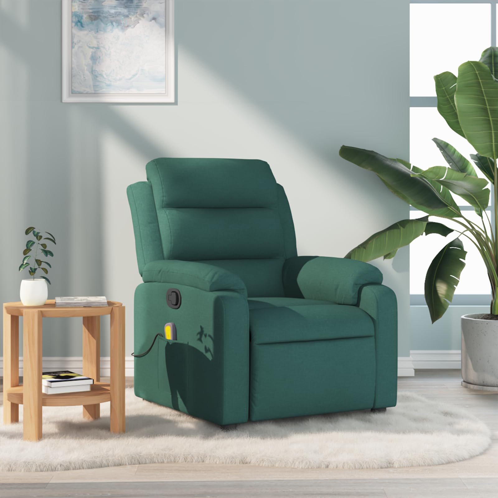 vidaXL Massage Recliner Chair with 6-Point Vibration Massage and Convenient Side Pocket, Dark Green Fabric Rocker, Adjustable Backrest & Footrest Lounge Seat for Living Room, USB Charge Port