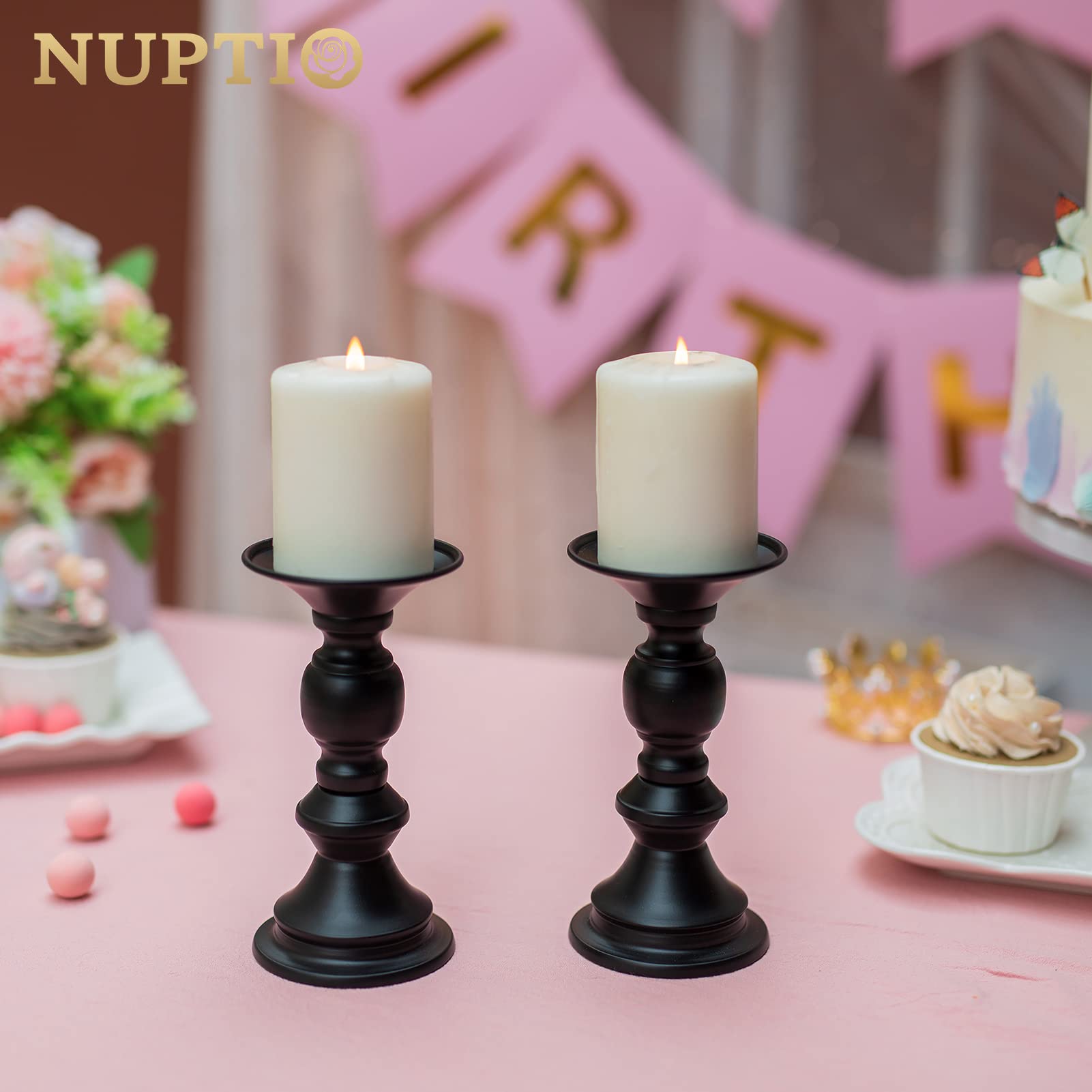 Nuptio 2 Pcs Candle Holders For Pillar Candles, Black Candle Holder For 50Mm Candles Christmas Halloween Mantlepiece Decorations