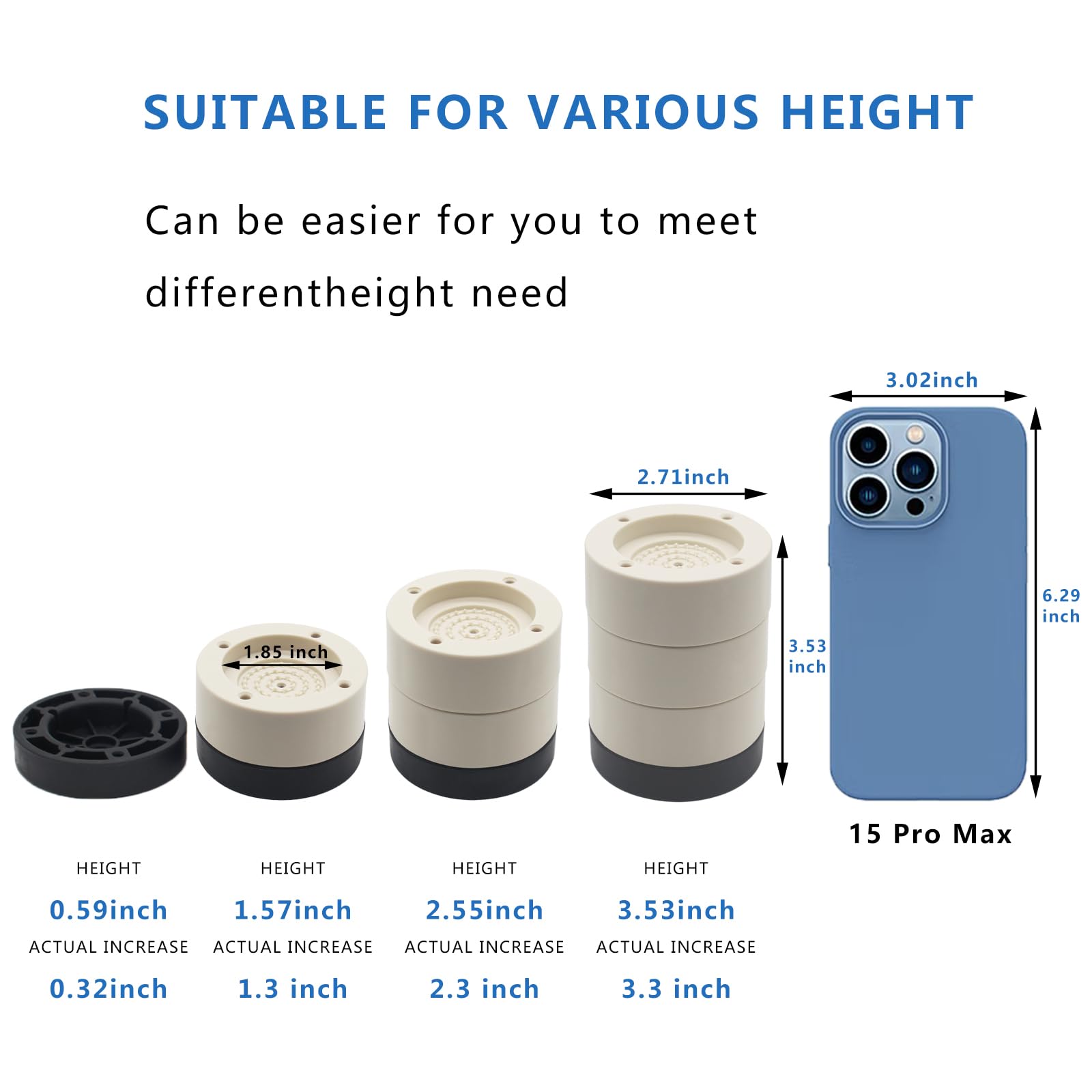 Hanihua Beige Furniture Risers Bed Risers (Set Of 4), 1'', 2'', 3 Inch Adjustable Round Bed Lifts Risers For Table, Sofa, Couch,