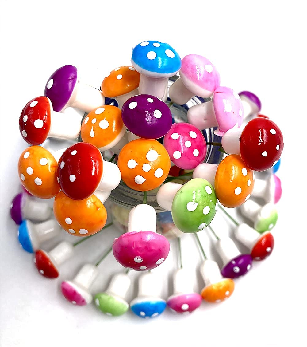 Aliotech 50 Pieces Assorted Color Mini Mushroom Miniatures Artificial Garden Fairy Bonsai Plant Pot Resin Craft Decoration For H