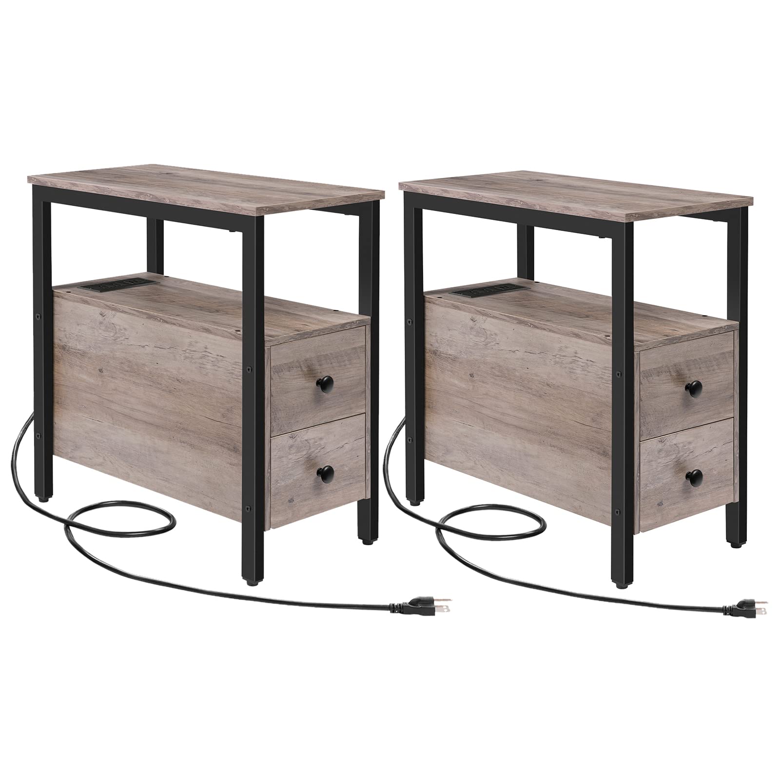 Hoobro Set Of 2 End Tables With Charging Station, Narrow Side Table With Drawers & Usb Ports & Power Outlets, Nightstand For Small Spaces, Living Room, Stable, Greige And Black Bg541Bzp201