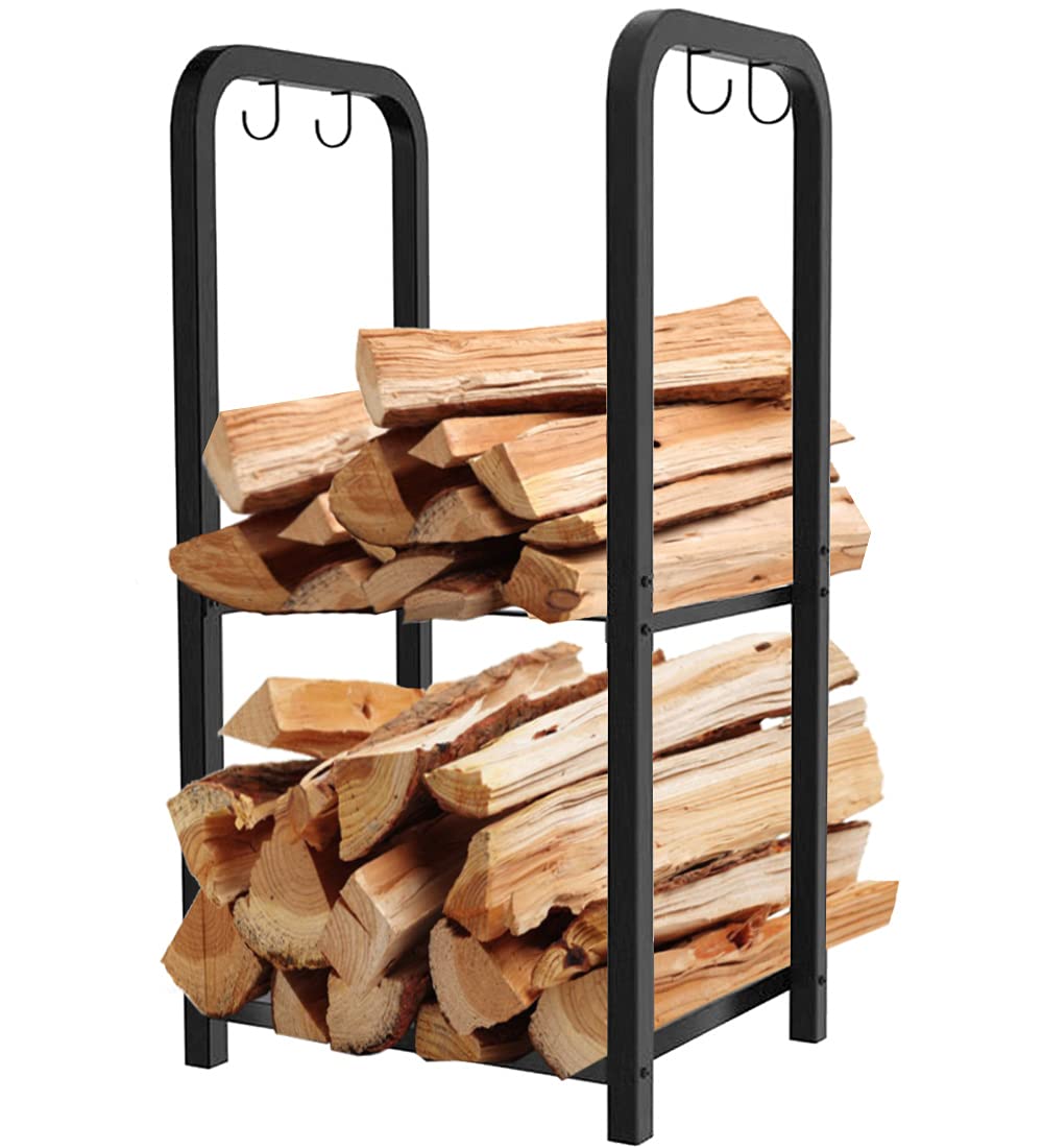 Artibear Small Firewood Rack Holder For Indoor Fireplace, 2-Tier Fire Wood Log Storage Stacker Stand For Outdoor Patio, Black