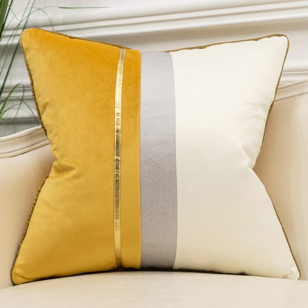 Avigers 22 X 22 Inches Yellow White Gold Leather Striped Patchwork Velvet Cushion Case Luxury Modern Throw Pillow Cover Decorati