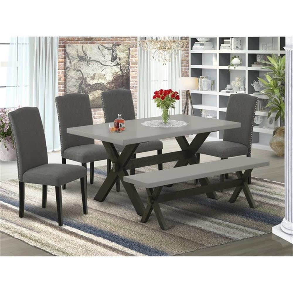 East West Furniture X696En120-6 6 Piece Dining Table Set Contains A Rectangle Kitchen Table With X-Legs And 4 Dark Gotham Linen Fabric Parson Chairs With A Bench, 36X60 Inch, Multi-Color