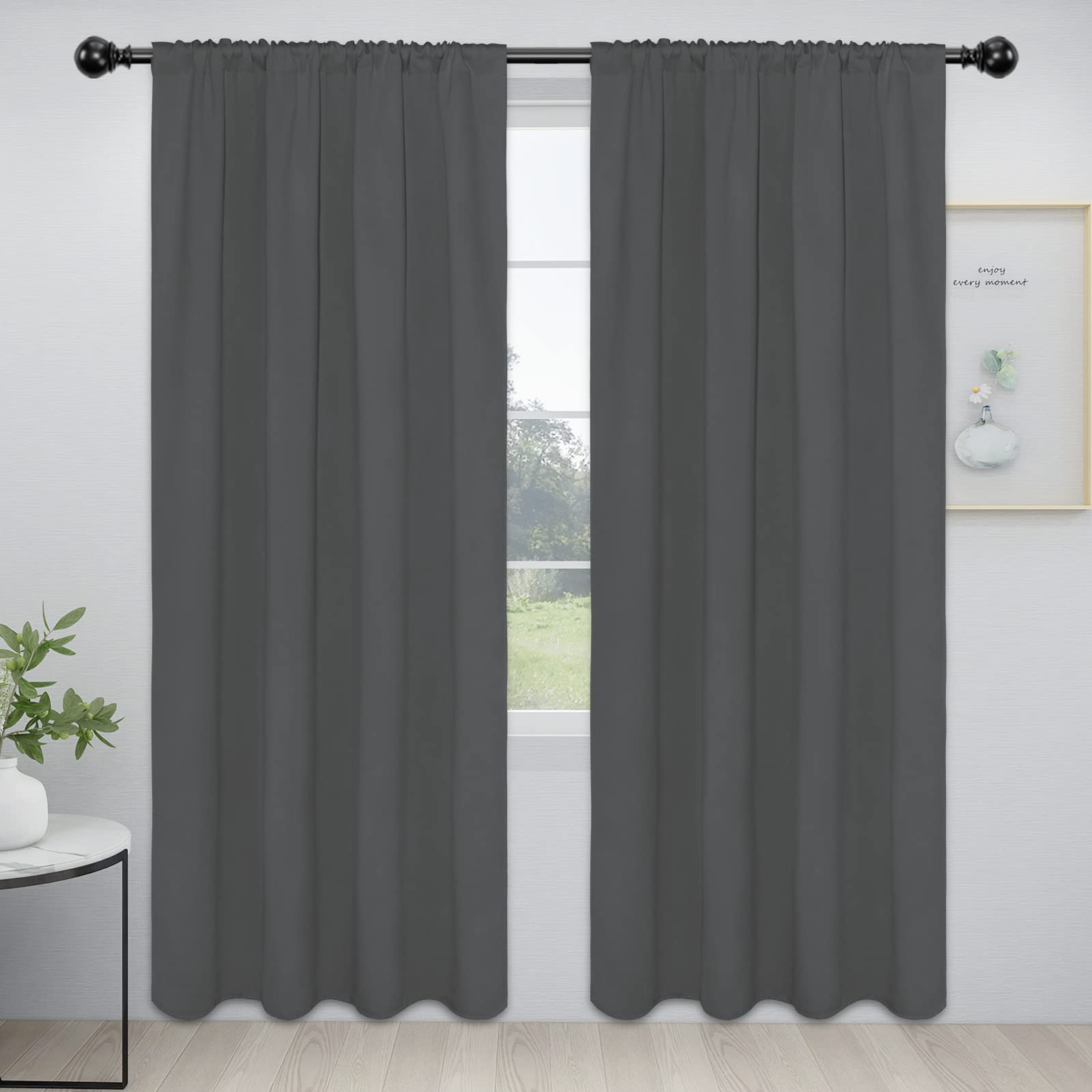Easy-Going Rod Pocket Blackout Curtains For Bedroom, Room Darkening Window Curtains For Living Room, Thermal Insulated Noise Reduction Solid Window Drapes, 2 Panels(52X96 In, Gray)