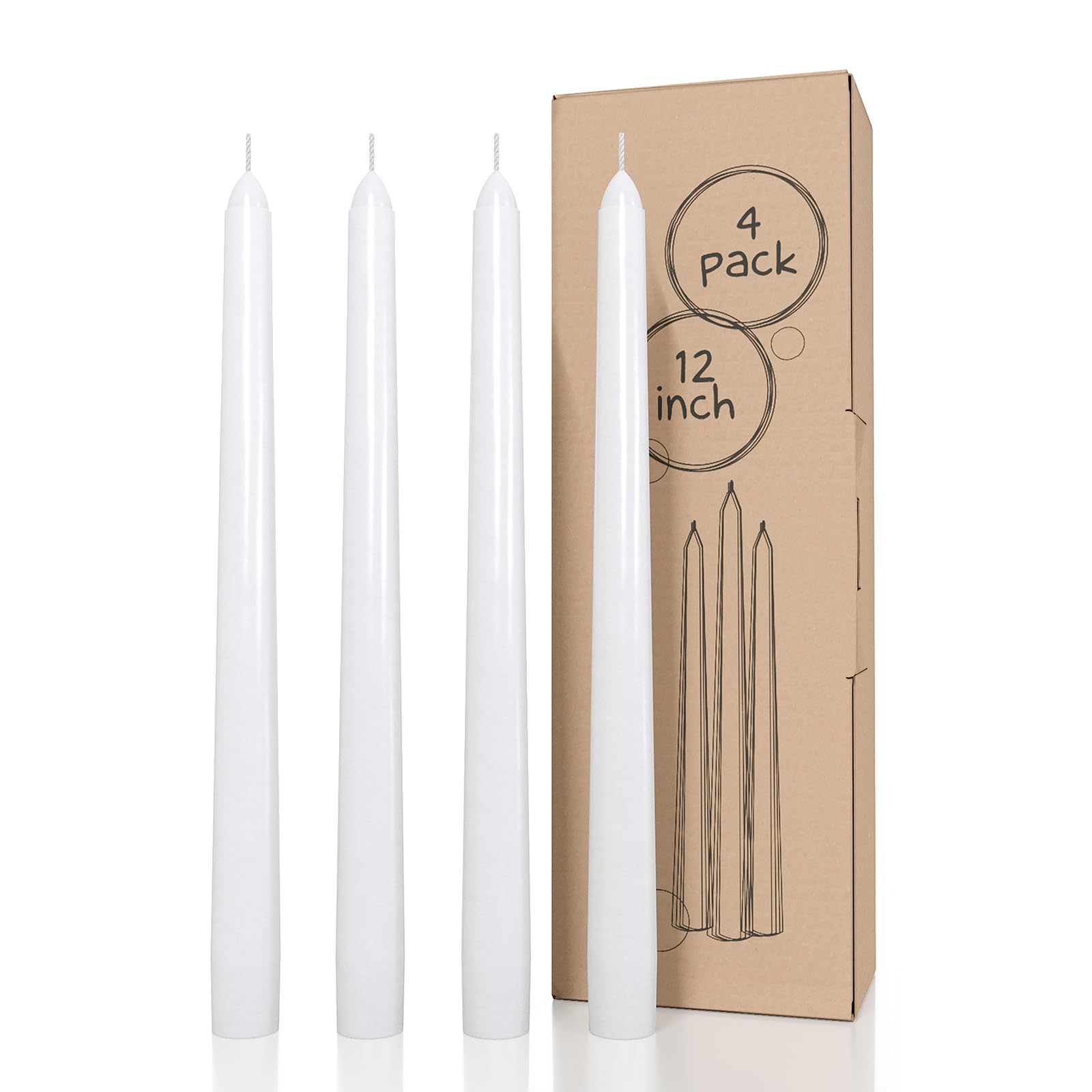 CANDWAX White Taper Candles 12 inch Dripless - Set of 4 Tapered Candles Ideal as Dinner Candles - Smokeless and Unscented Taper 