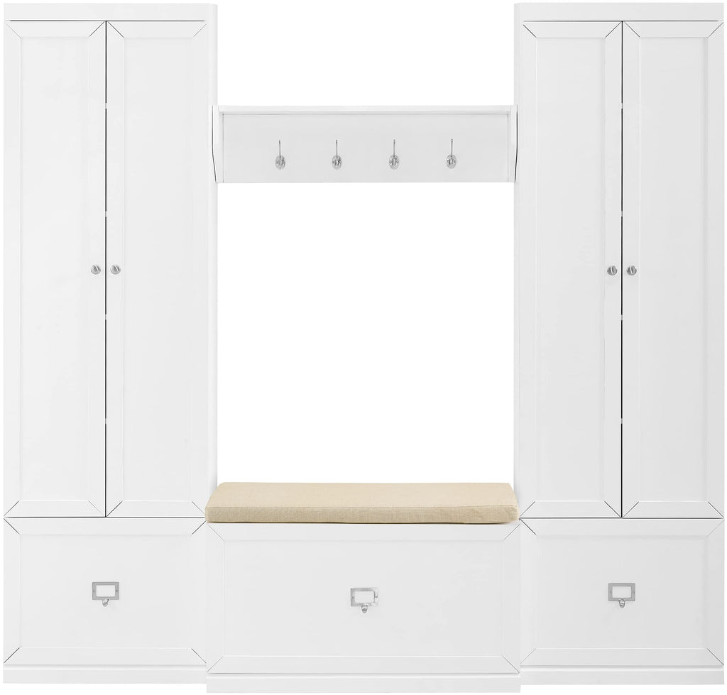 Crosley Furniture Harper 4-Piece Storage Cabinet, Shoe Rack Bench, And Wall Shelf Set With Coat Hooks, White