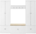 Crosley Furniture Harper 4-Piece Storage Cabinet, Shoe Rack Bench, And Wall Shelf Set With Coat Hooks, White