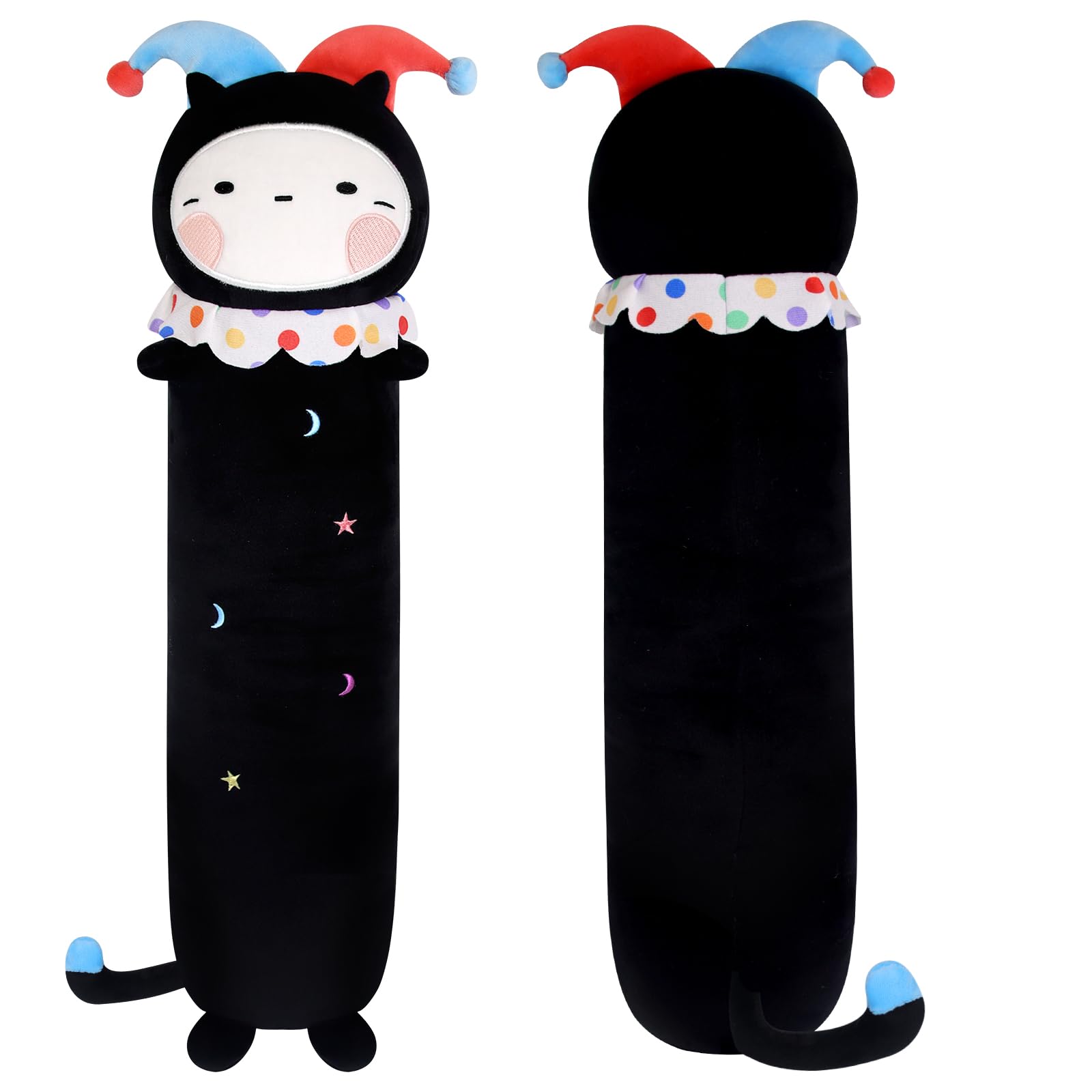 JEROKUMI Long Cat Plush, 43inch Black Cat Body Pillow for Kids Cute Clown Plushies for Girls, Cartoon Anime Kids Body Pillow for