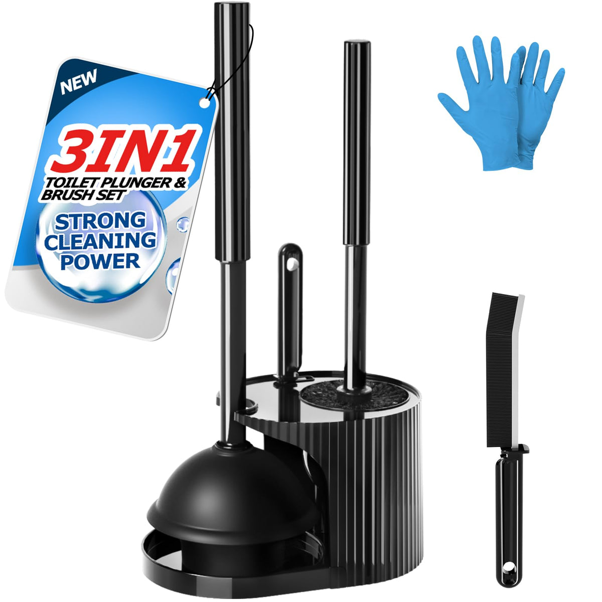FORASTO 3IN1 Toilet Brush and Plunger Set, Crevice Cleaning Combo, Black