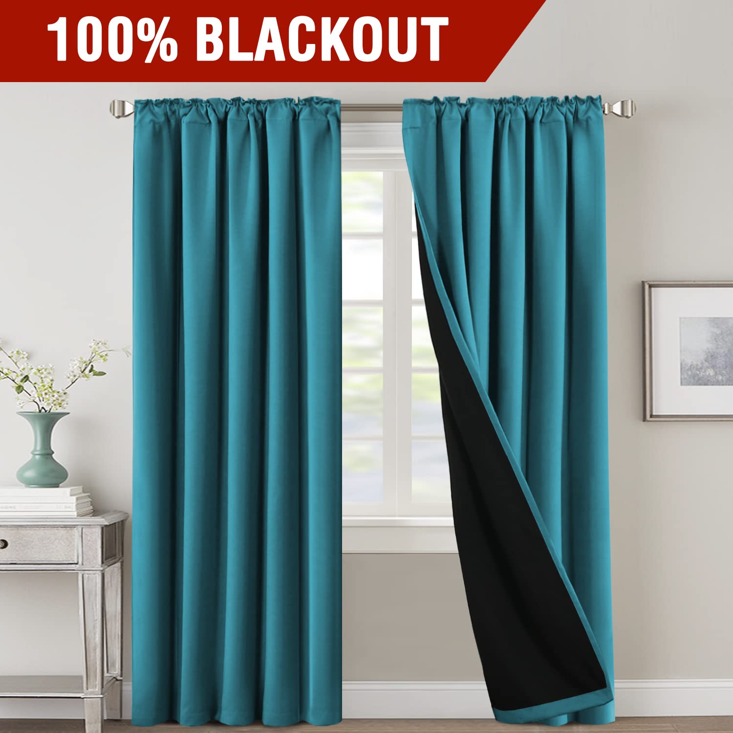 H.Versailtex 100% Blackout Curtains For Bedroom With Black Liner Full Room Darkening Curtain 84 Inch Long Thermal Insulated Back