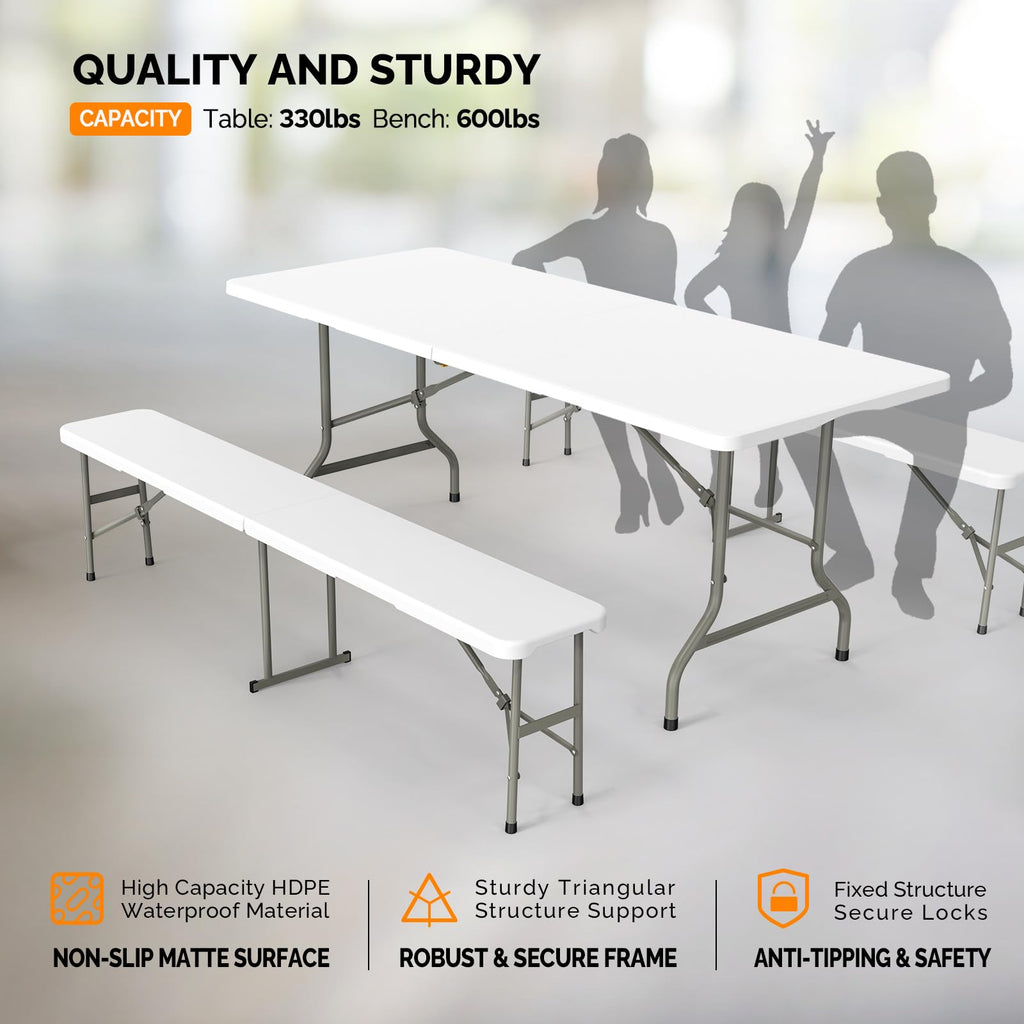 Vingli Picnic Table Set With 2 Benches, 6 Feet Camping Table Chair Set,3-Piece Folding Furniture For Indoor Or Outdoor Use, Smooth Tabletop, White