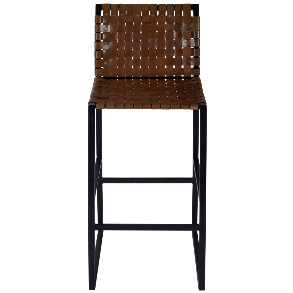 HomeRoots Medium Brown Iron; Real Leather, Steel Metal Nail Heads Brown Woven Leather Bar Stool