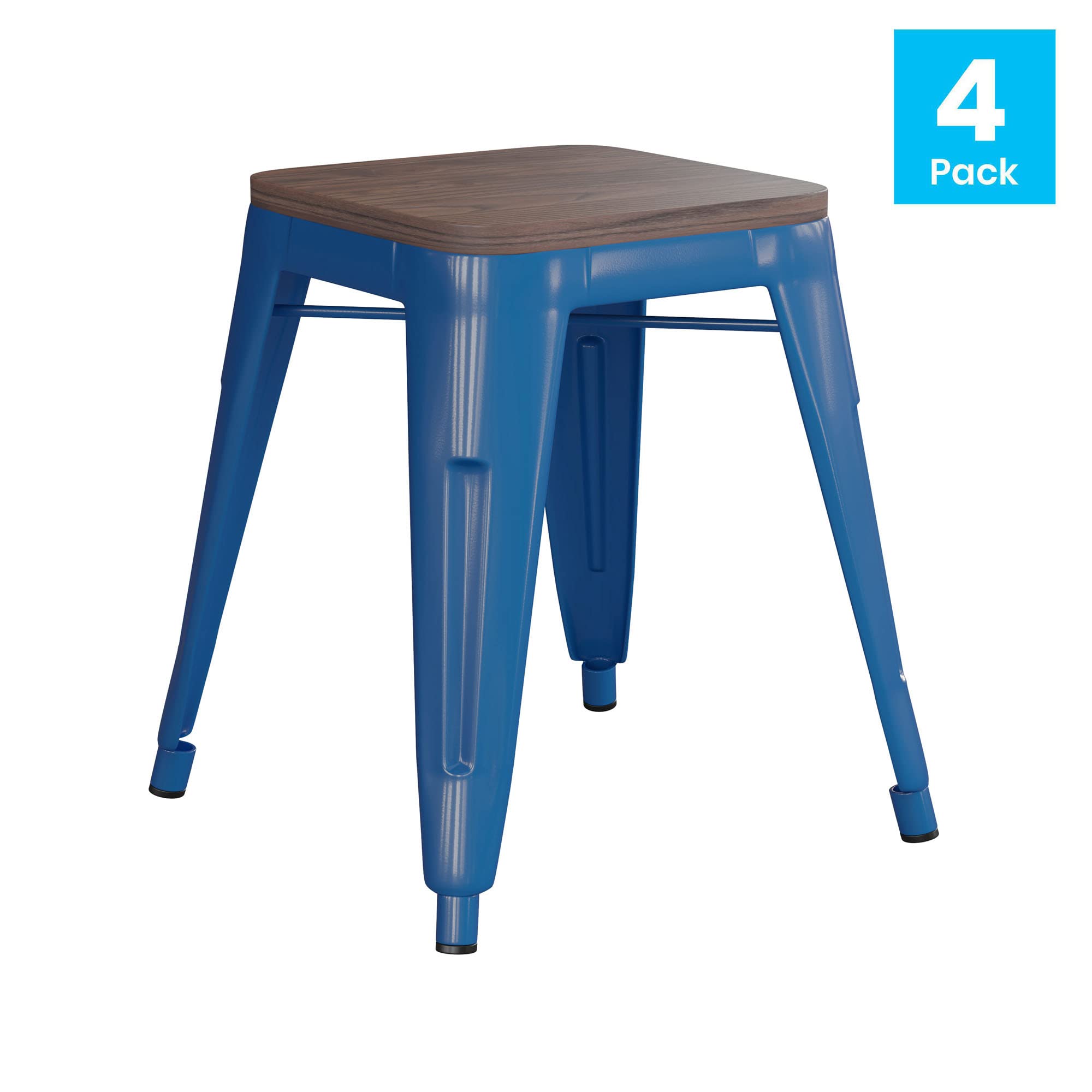 Flash Furniture Metal Dining Table Height Stool with Wooden Seat Set of 4 - Backless Royal Blue Kai Commercial Grade Stool - Kai 18&quot; Stackable Dining Chairs