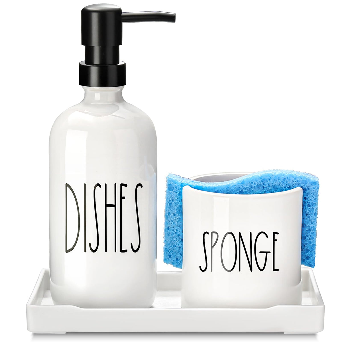 ALPIRIRAL Dish Soap Dispenser for Kitchen, Ceramic Dish Soap Dispenser with Sponge Holder, White Dispenser Set with Tray, 3 in 1