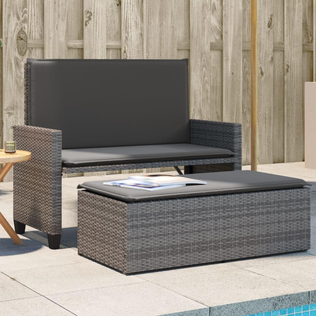 vidaXL Patio Bench with Cushions and Footstool - Convertible Outdoor Loveseat Sofa Bed - Gray Poly Rattan, Padded Cushions