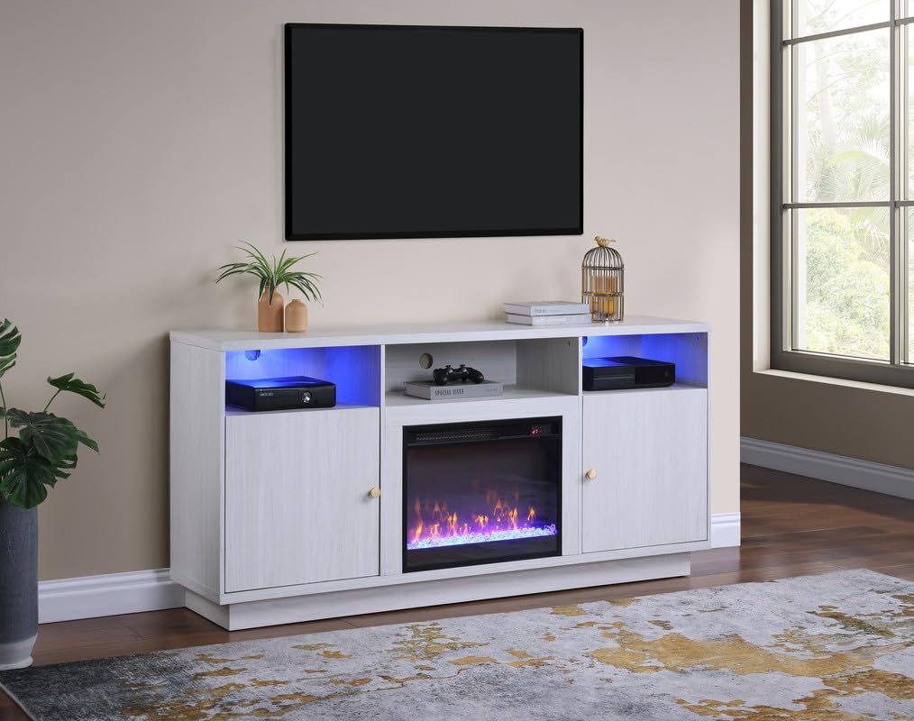 LILOLA LIVING Ambrose 70' W White Walnut Finish Fireplace Console TV Stand with LED Light, Cabinets, Shelves