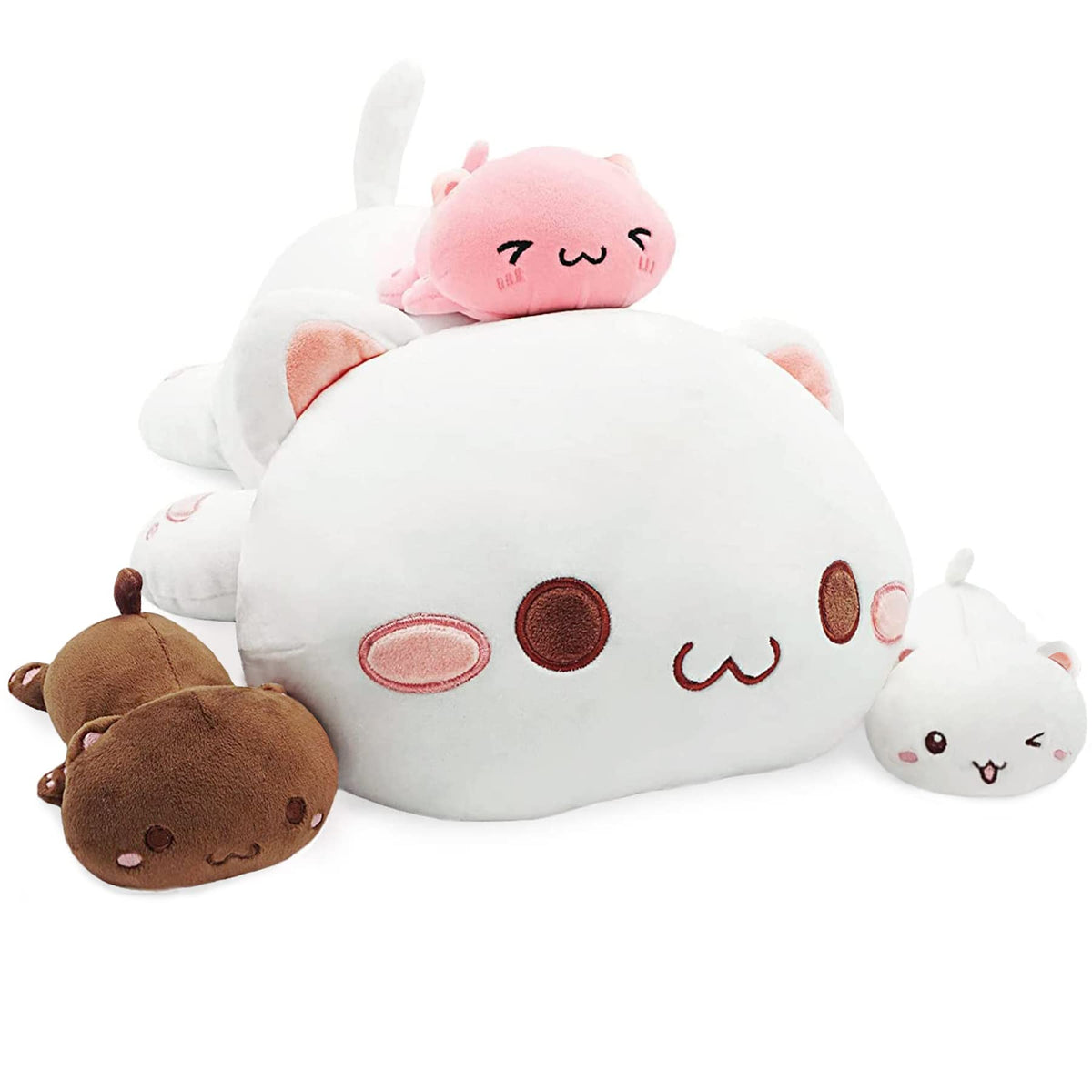 Onsoyours Cat Stuffed Animal Mommy 19.7' With 3 Kitty Plushies, 4 Piece Of Cute Cat Plush Pillow Toys For Kids Girls Boys (Whit