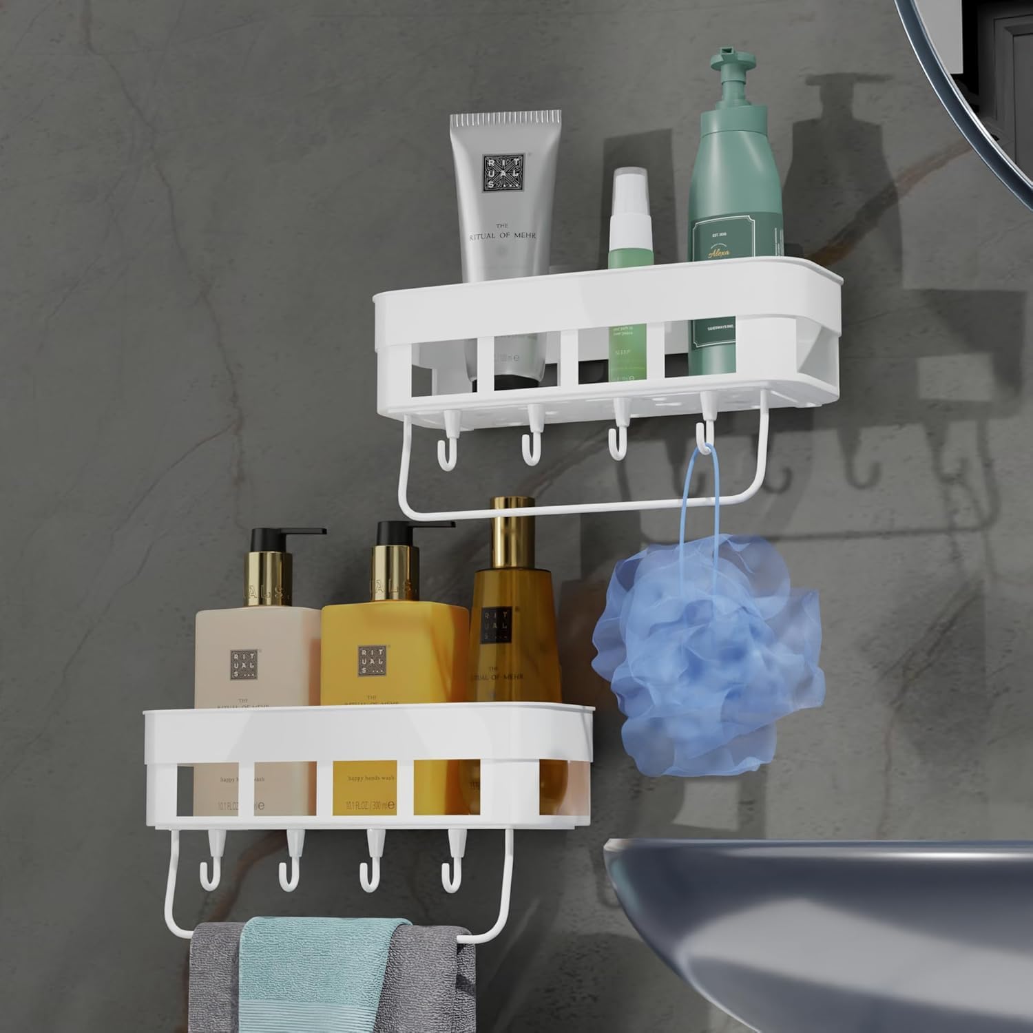 Auryza WallMounted Bathroom Shelf With Hooks, White, No Drilling, Adhesive Storage Organiser For Glass And Ceramic Tile Pack Of