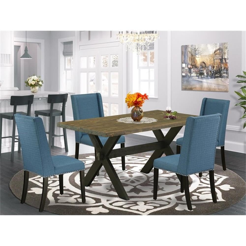 East West Furniture X676Fl121-5 5 Piece Dining Room Table Set Includes A Rectangle Kitchen Table With X-Legs And 4 Blue Linen Fabric Parson Dining Chairs, 36X60 Inch, Multi-Color