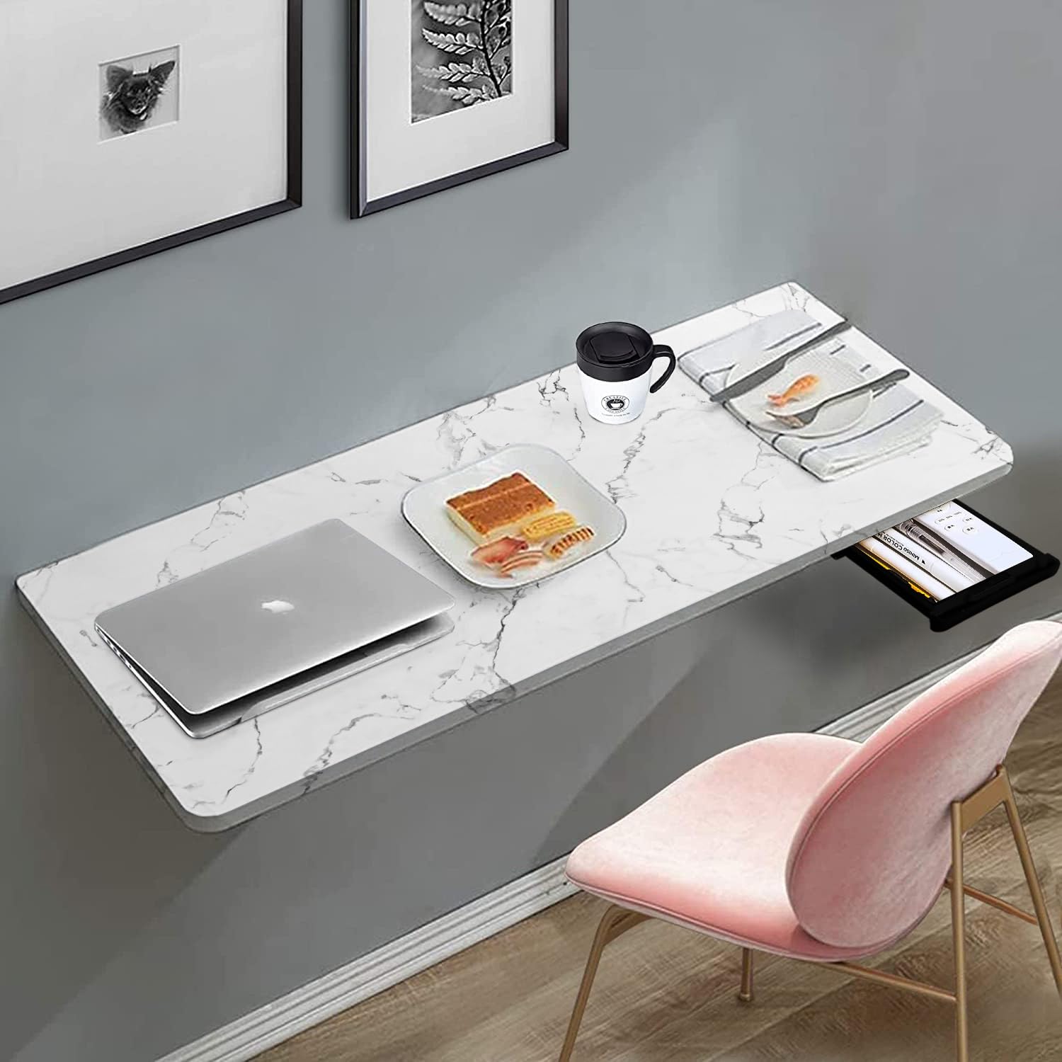 QARA 16X31.5 Inch Solid Wood Wall Mounted Folding Round Corner Study Table| Wall Mount Table With Drawer|Foldable Wall Laptop De
