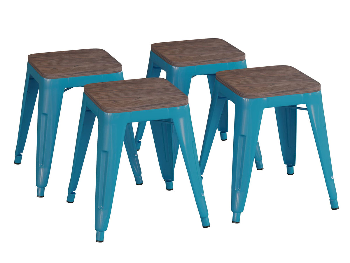 Flash Furniture Metal Dining Table Height Stool with Wooden Seat Set of 4 - Backless Teal Kai Commercial Grade Stool - Kai 18&quot; Stackable Dining Chairs