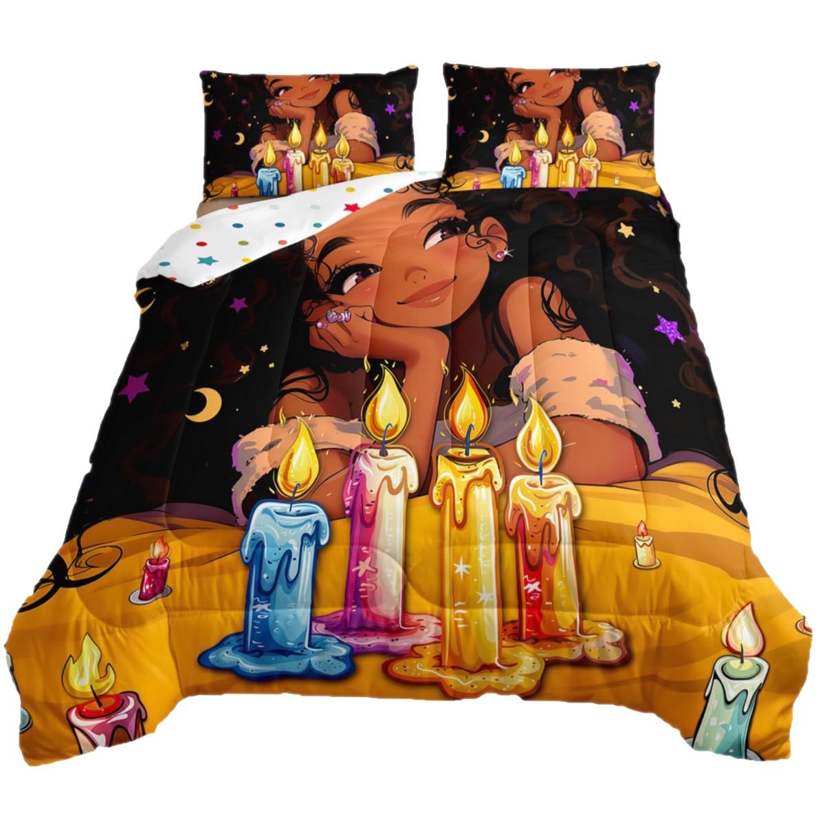 Afro Girls Bedding Comforter Sets American African Princess Magical Comforter Set Black Hair Girl Quilt Full,Kawaii Room Decor For Kids Teens Toddler Girls,Happy Birthday Decorations