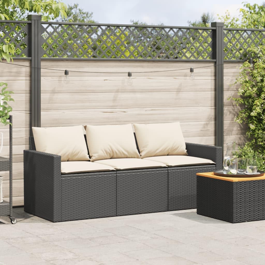 vidaXL Patio Sofa with Cushions 3-Seater Outdoor Seating Black Poly Rattan - Weather Resistant & Removable Covers