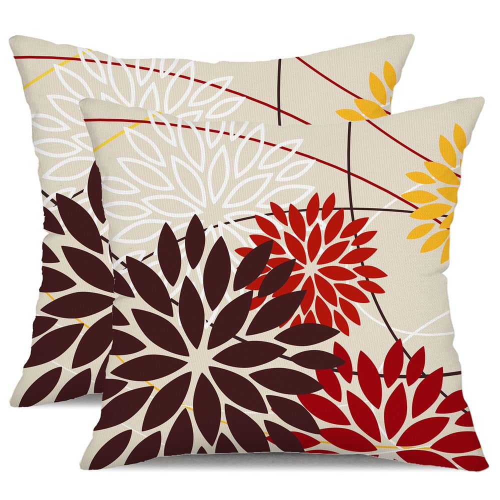 Red Brown Outdoor Pillow Cover 16X16 Inch Set Of 2 Outdoor Waterproof Fall Floral Brown Decorative Pillowcase Decor For Couch Pa