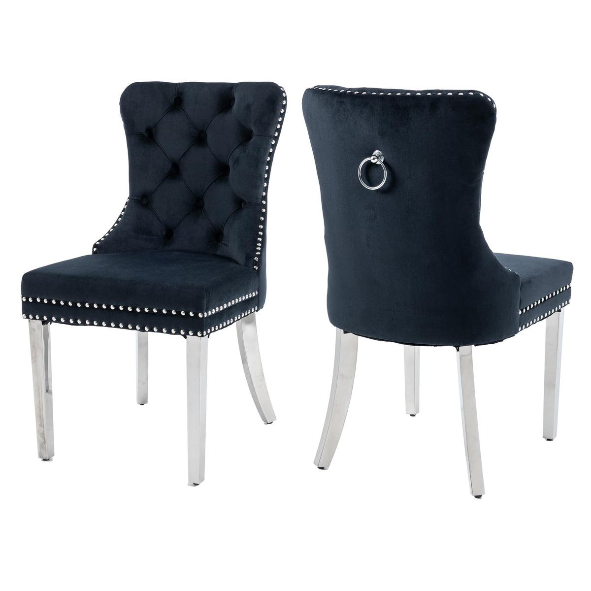 Goolon Dining Room Chairs Set Of 2, Button Tufted Velvet Chairs With Modern Stainless Steel Legs, Rivet Trim Metal Pull Ring Bac