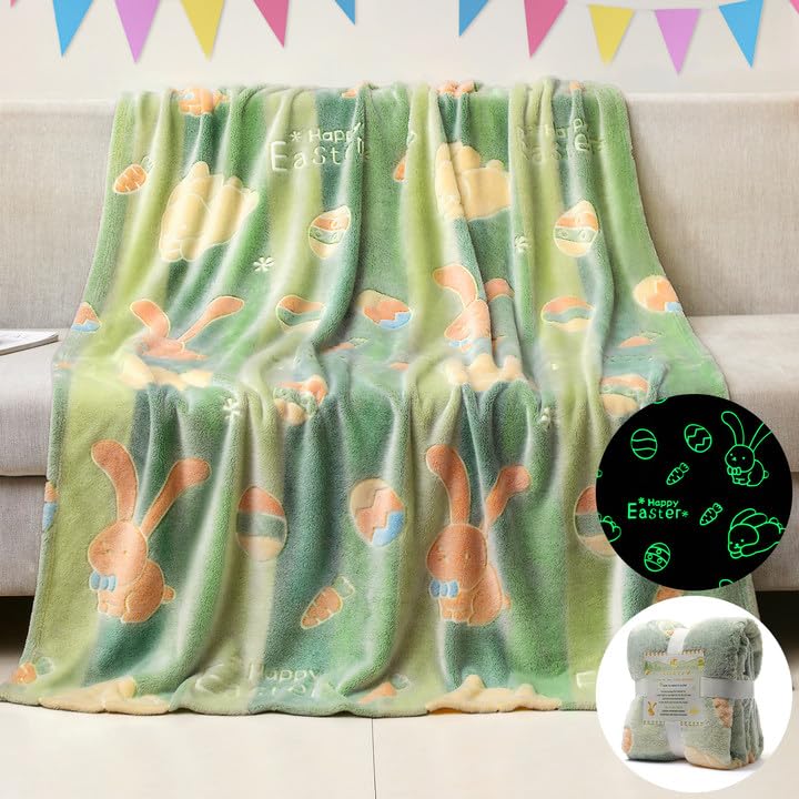 Lifeyj Glow In The Dark Easter Blanket Gifts For Girls Boys, Soft Easter Egg Rabbit Green Blanket 3 4 5 6 7 8 9 10 Year Old Girl