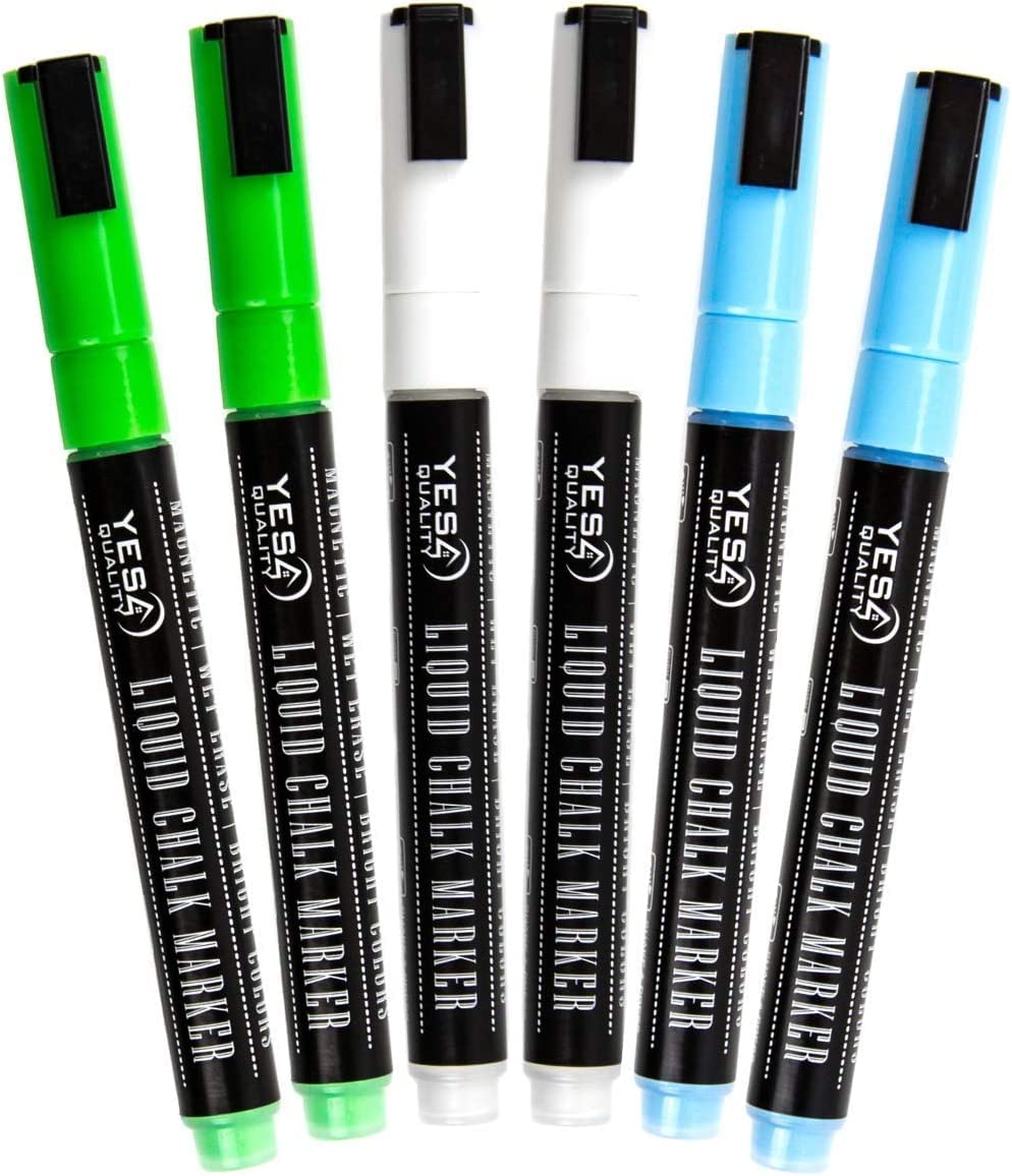 Yes4Quality Magnetic Liquid Chalk Markers (6 Pack), Vibrant Neon Colors W/ 3 Mm Fine Bullet Tip, Erasable Dry Erase Pens For Bla