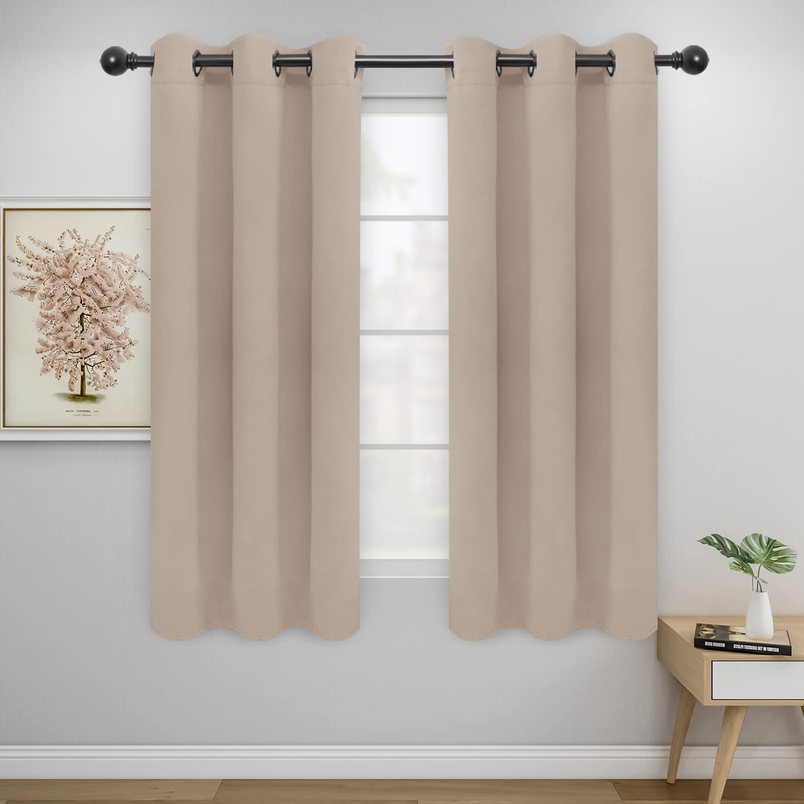 Easy-Going Blackout Curtains For Bedroom, Solid Thermal Insulated Grommet And Noise Reduction Window Drapes, Room Darkening Curtains For Living Room, 2 Panels(46X63 In, Beige)