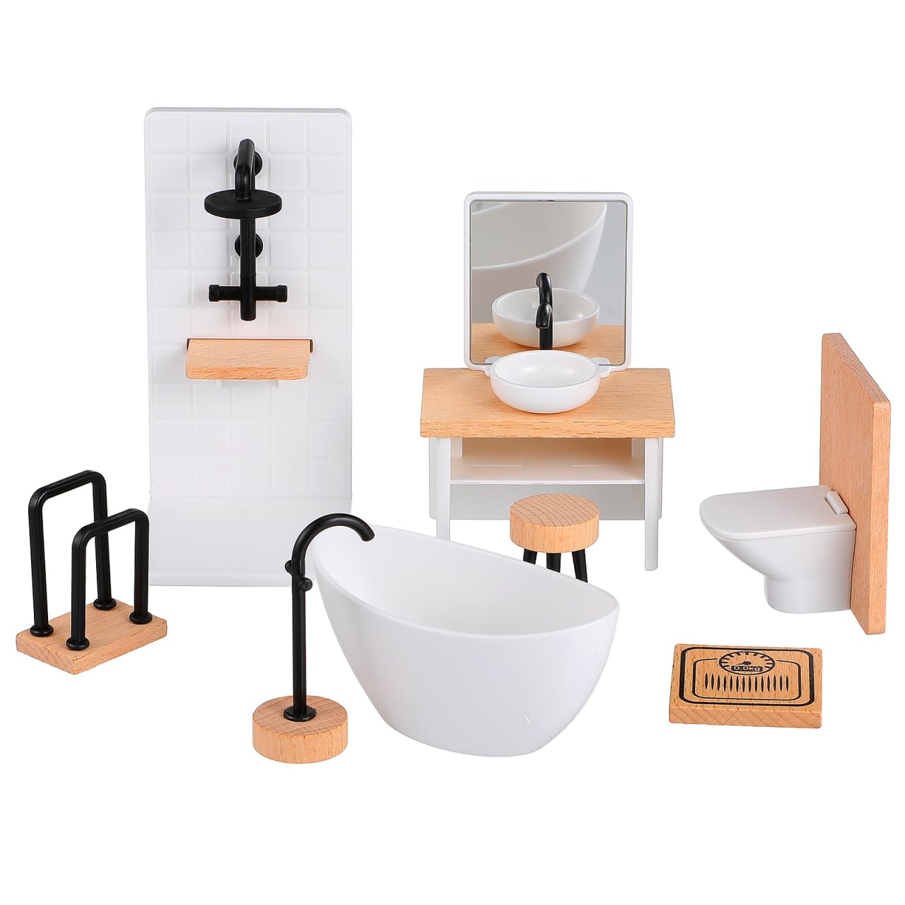 Gatuida 8pcs Miniature Dollhouse Bathroom Accessories Set, 1:12 Scale Shower Room Model, Wood and Plastic, Includes Bathtub Toil