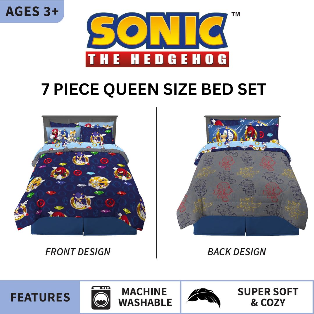 Franco Sonic The Hedgehog Anime Kids Bedding Super Soft Comforter And Sheet Set With Sham, 7 Piece Queen Size, (Official License