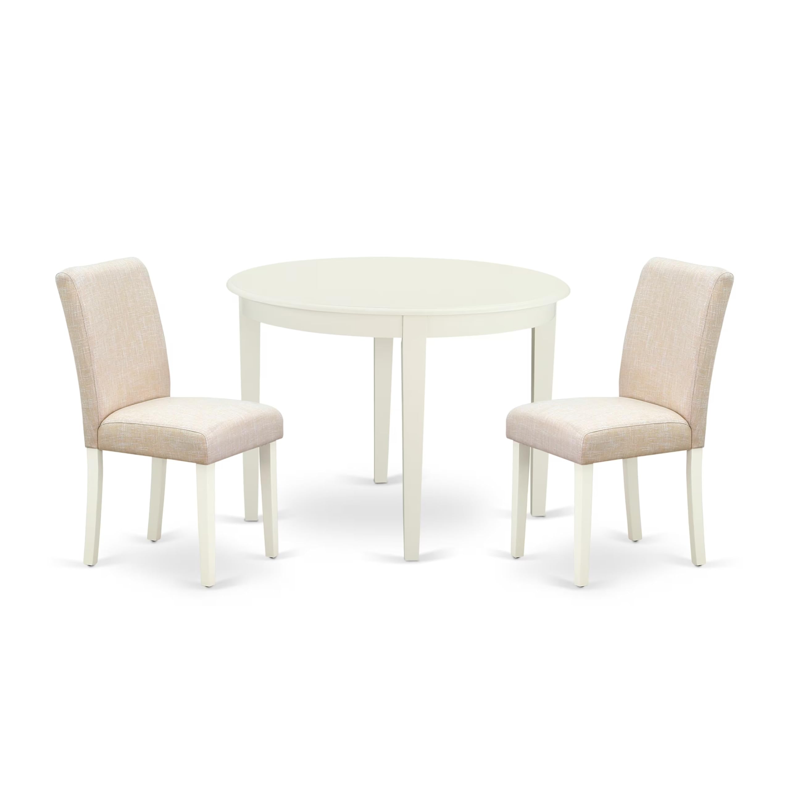 East West Furniture Boab3-Lwh-02 3 Piece Kitchen Table Set For Small Spaces Contains A Round Dining Room Table And 2 Light Beige Linen Fabric Upholstered Chairs, 42X42 Inch, Linen White