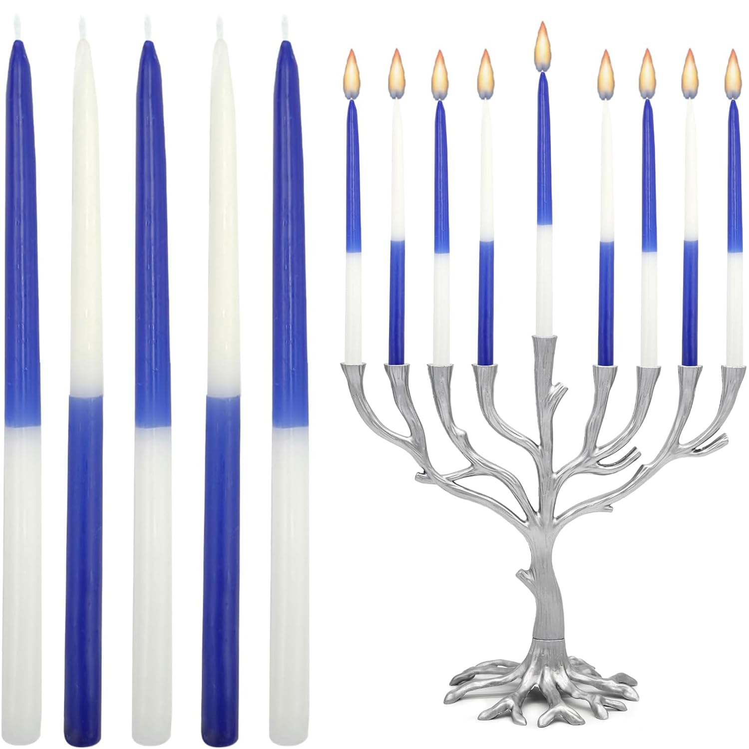 The Dreidel Company Deluxe Tapered Hanukkah Menorah Half and Half Navy Blue and White, Candles for All 8 Nights of Chanukah (Sin